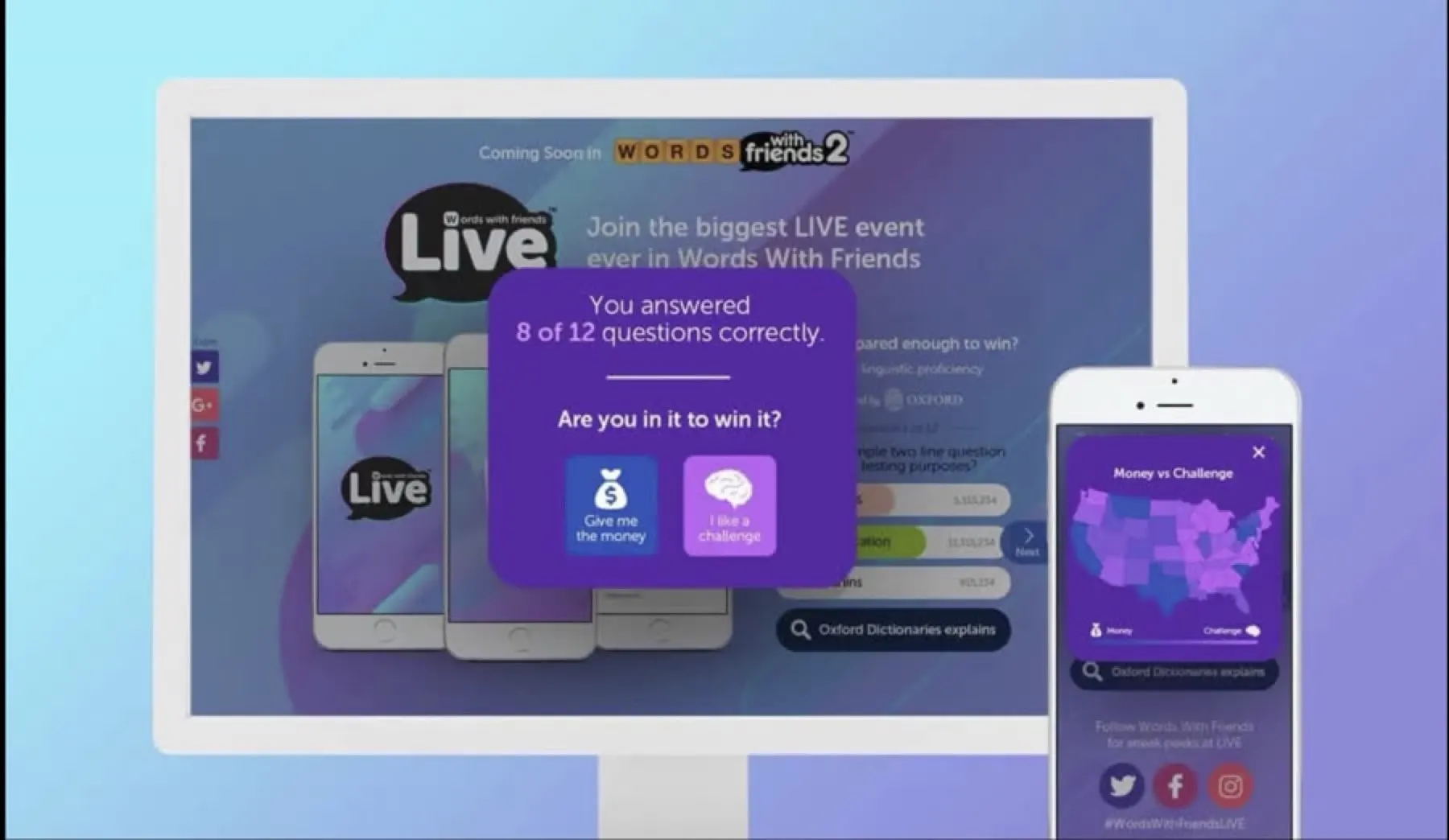 Words With Friends Live desktop and mobile game interface